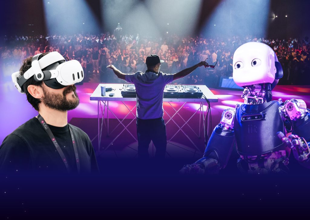 DJ performs at a crowded stage with a VR headset user on the left and a friendly robot on the right.