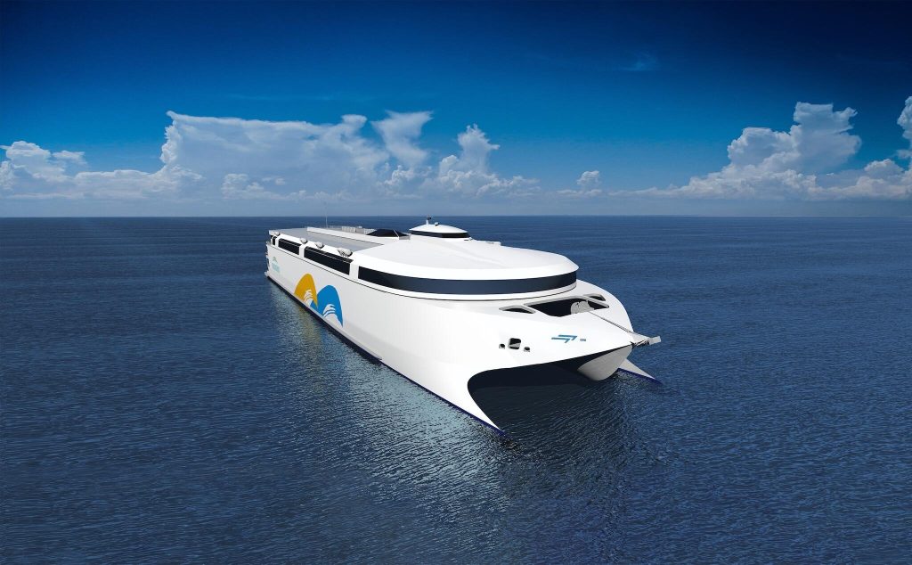 Traghetto elettrico Celestino Marella della compagnia BUQUEBUS durante il varo presso il cantiere Incat | Elettronauti.it