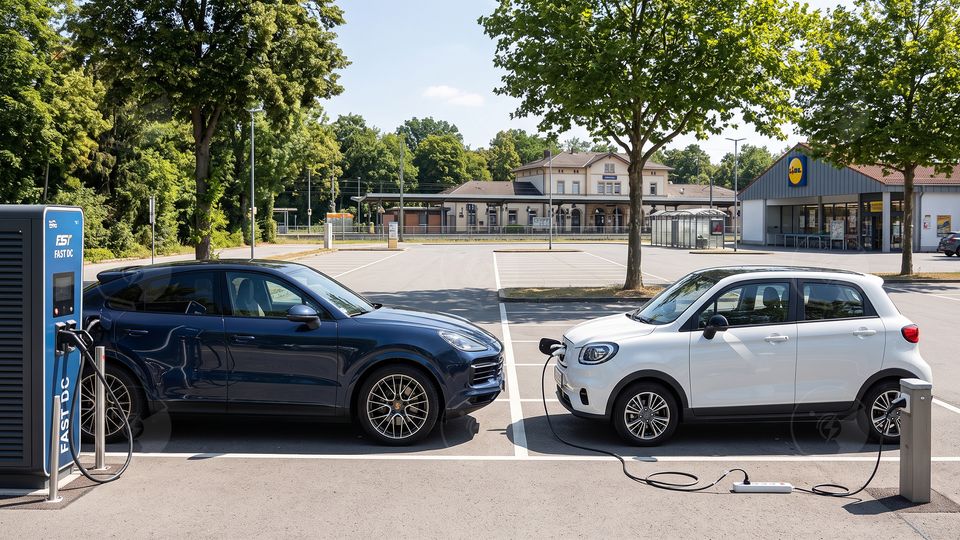 Una Porsche Cayenne S e una Leapmotor T03 in carica in un parcheggio