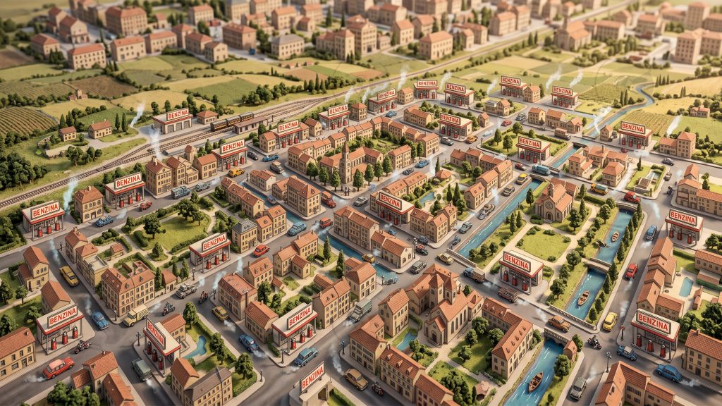 Immagine fittizia che mostra una città estremamente popolata di benzinai | Elettronauti.it