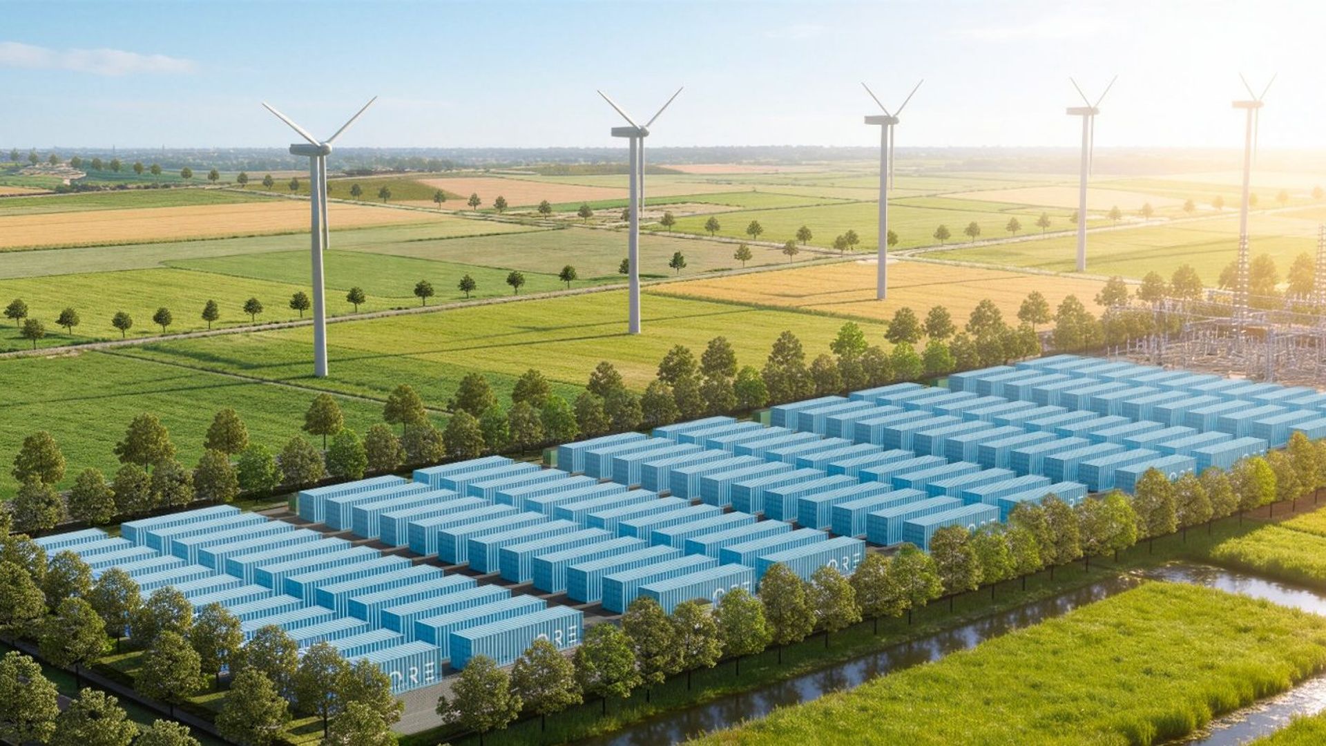 Render di un campo fotovoltaico con pale eoliche