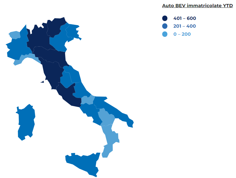 Distribuzione geografica auto BEV vendute in Italia da inizio anno (fonte: motus-e) | Elettronauti.it