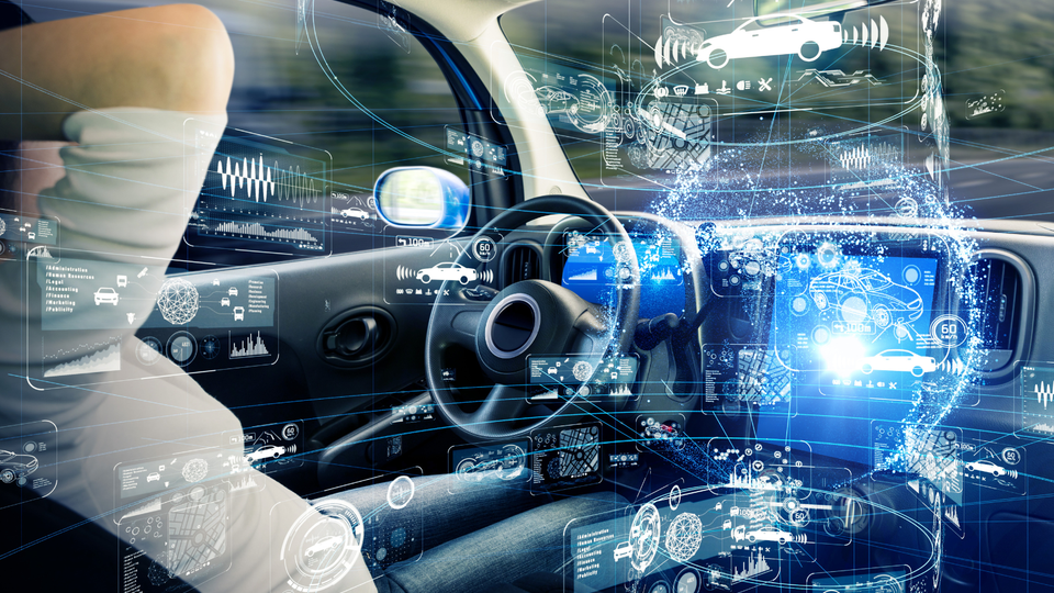 Futuristic car interior with translucent holographic dashboards and navigation displays around the steering wheel