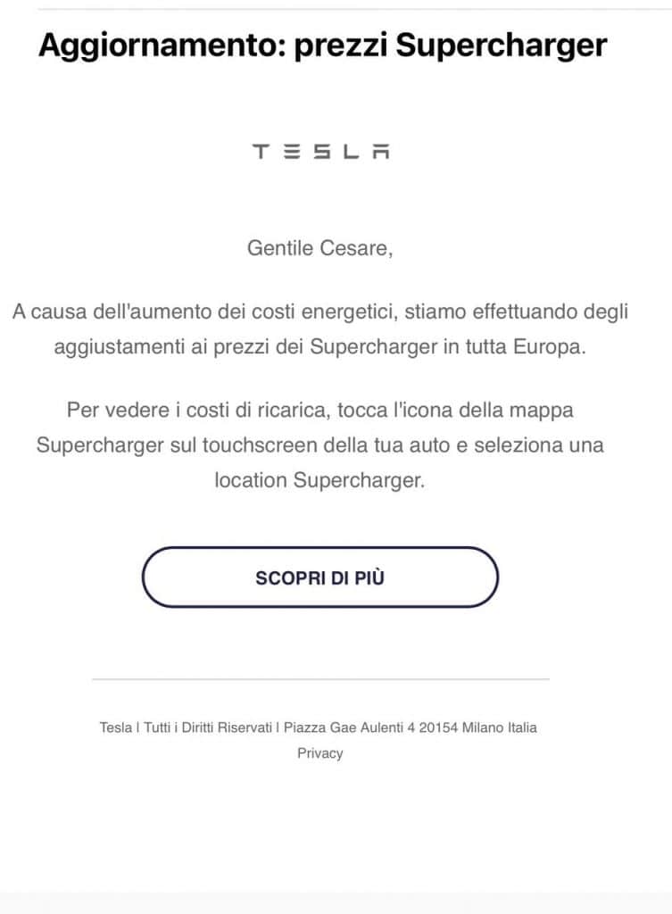 Aumento costi Tesla Superchargers e-Mail | Elettronauti.it