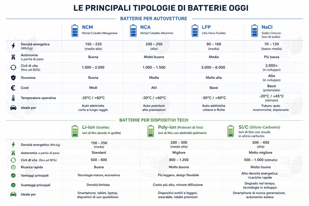 Tabella comparativa tra diverse tecnologie di batterie per dispositivi tecnologici e automobili | Elettronauti.it