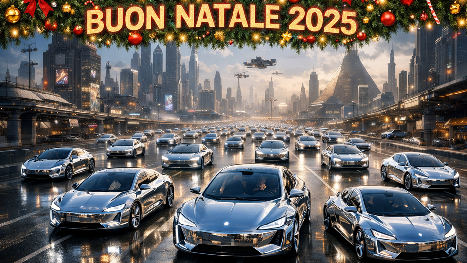 Auto elettriche scintillanti viaggiano in una città futuristica