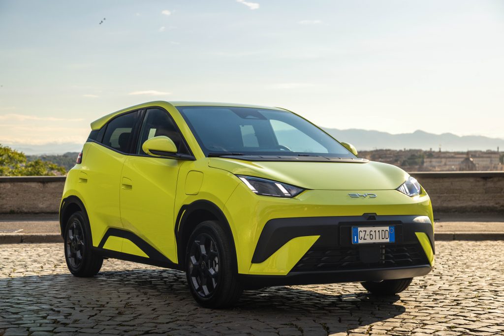 byd dolphin surf vista anteriore con sfondo la città di Roma