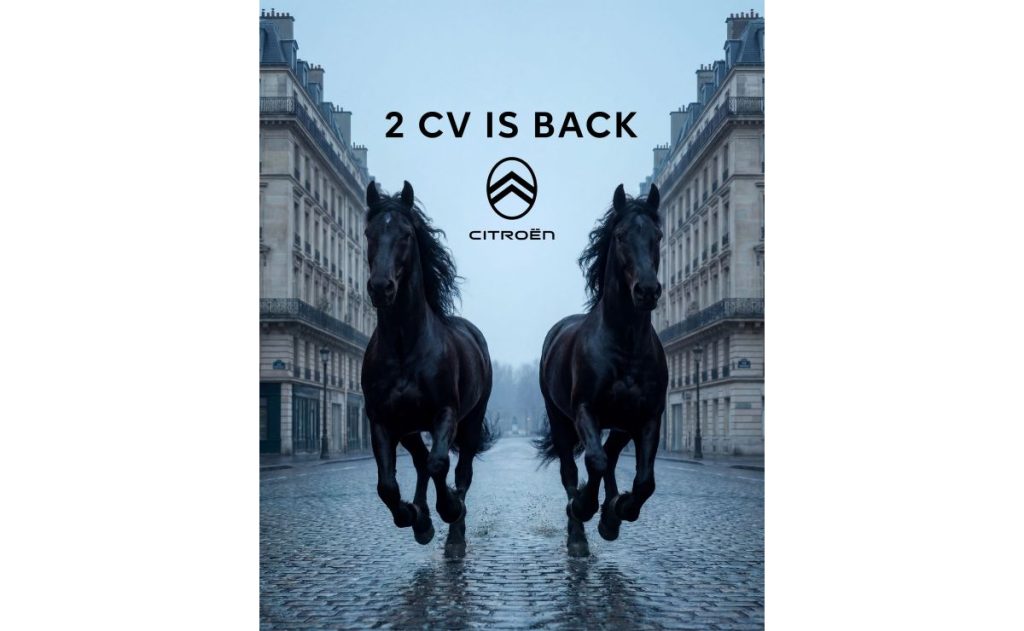 Advertisement: two black horses gallop down a wet cobblestone street between Parisian buildings, with '2 CV IS BACK' and the Citroën logo above them.