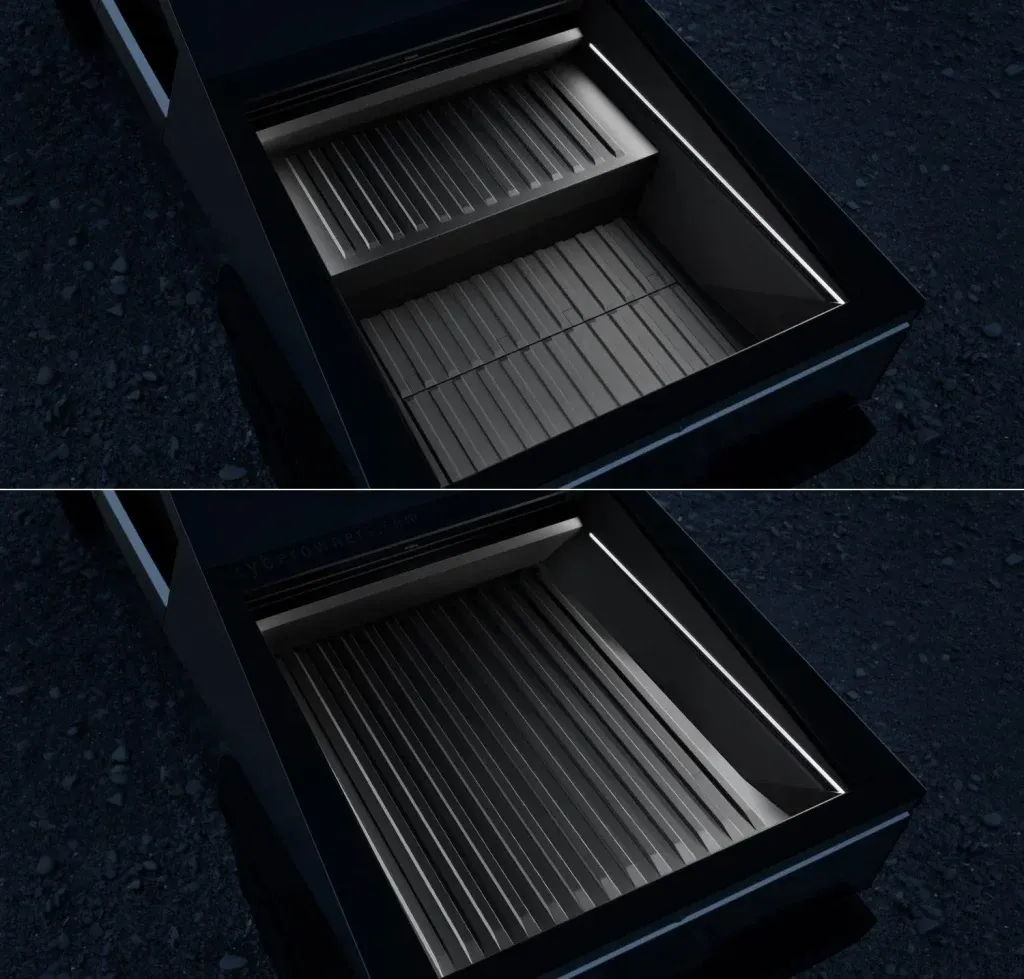 Vista ravvicinata del pianale di carico del Tesla Cybertruck con due configurazioni diverse del rivestimento scanalato | Elettronauti.it