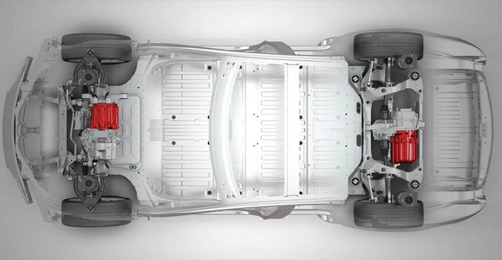 Schema dei motori (in rosso) elettrici di una Tesla Model 3/Y | Elettronauti.it
