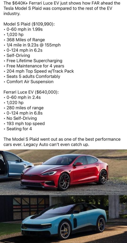 Confronto tra Ferrari Luce e Tesla Model S Plaid | Elettronauti.it