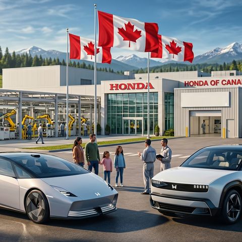 Exterior of Honda of Canada Manufacturing with three Canadian flags, assembly robots, and workers beside two futuristic cars outside the facility.