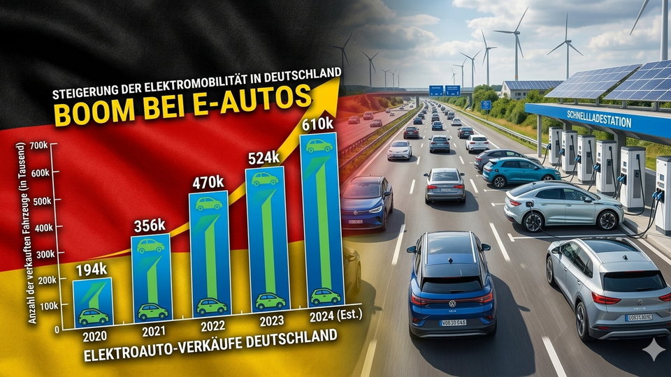 Infographic: Germany’s e-car sales rise from 194k in 2020 to an estimated 610k in 2024.