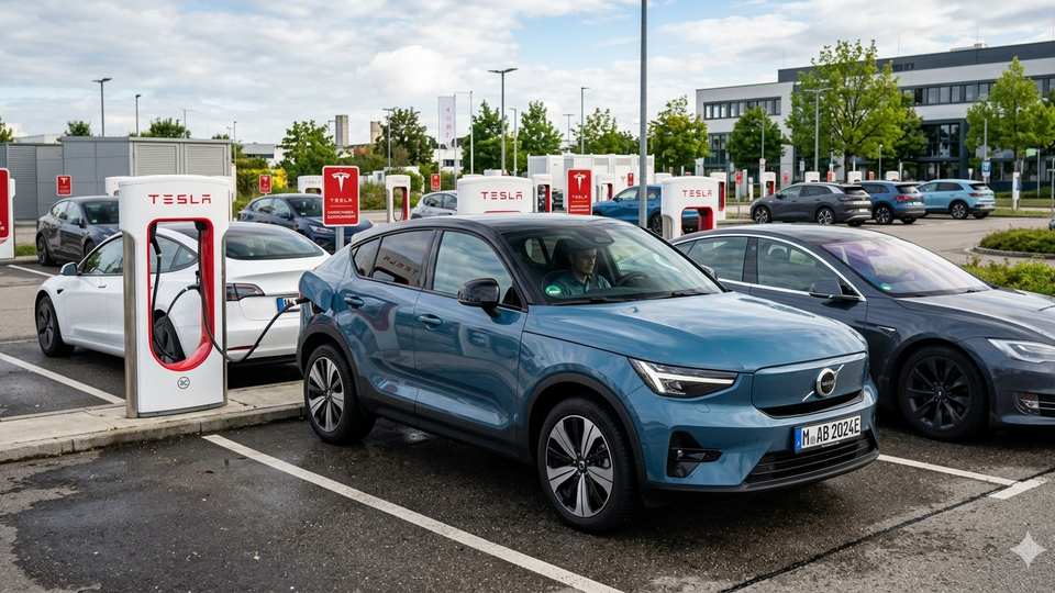 Blue Volvo electric SUV plugged into a Tesla charging stall in a parking lot, with multiple Tesla charging units and other cars in the background.