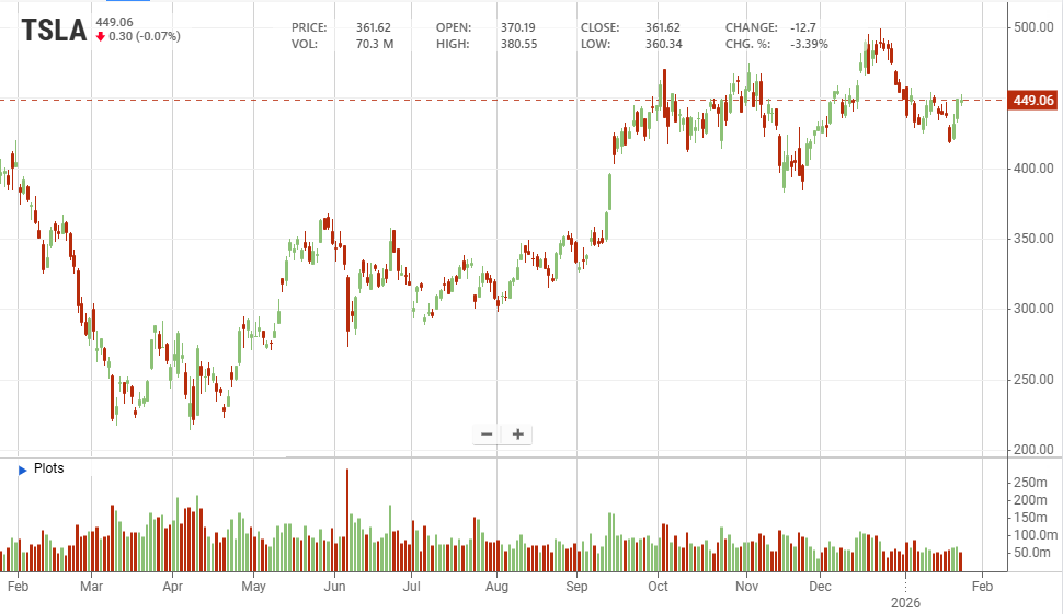 L’andamento del titolo Tesla negli ultimi 12 mesi (stockanalysis) | Elettronauti.it