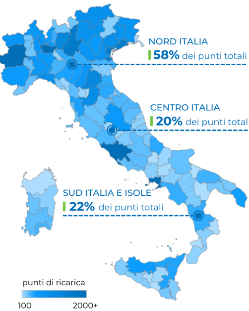 Punti di ricarica per regione/zona d’Italia, fonte Motus-E | Elettronauti.it