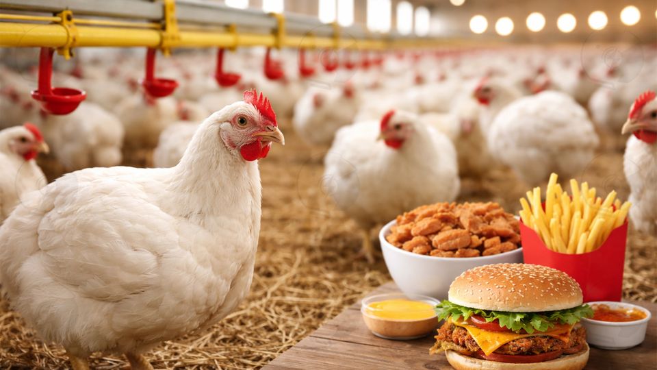 Un allevamento di polli e dei prodotti da fast food