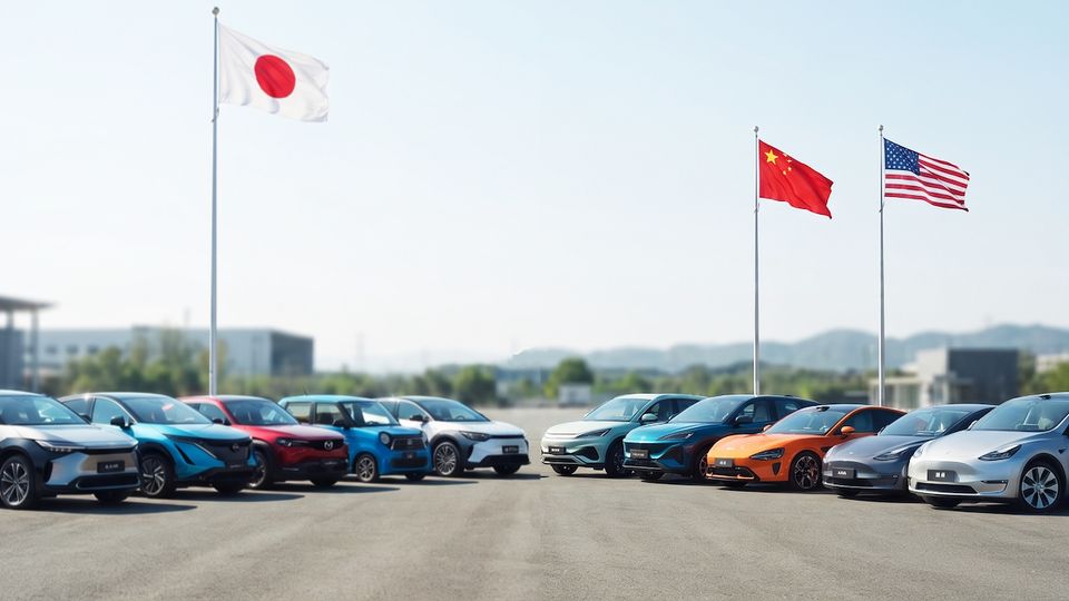 Row of colorful electric cars parked in an outdoor lot with the Japanese, Chinese, and American flags waving above the scene.