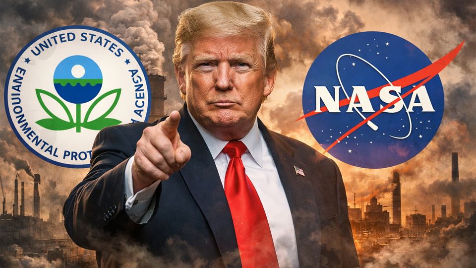 Portrait of Donald Trump pointing forward, flanked by EPA and NASA logos against a smoky industrial background.