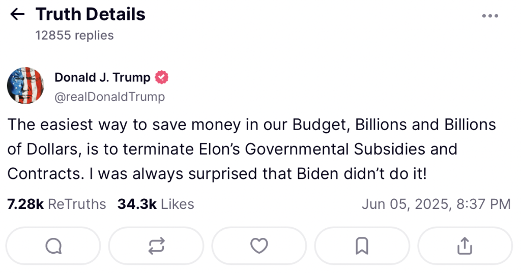 Il post di Donald Trump sul social Truth che dice di voler togliere le commesse governative alle imprese di Elon Musk | Elettronauti.it