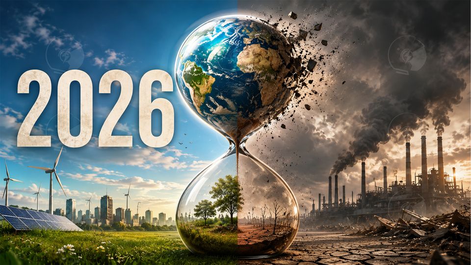 Earth Overshoot Day mostrato tramite una clessidra che mostra l'inesorabile passare dal tempo, da una parte una Terra rigogliosa e dall'altra una Terra arida