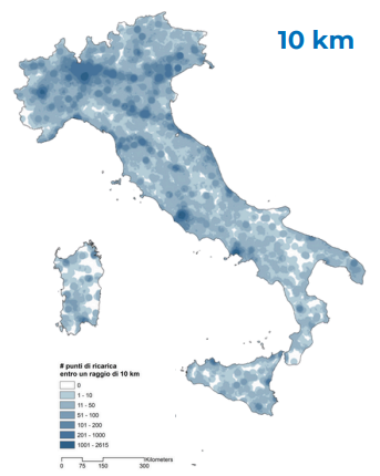 Numero punti di ricarica entro un raggio di 10km, fonte Motus-E | Elettronauti.it