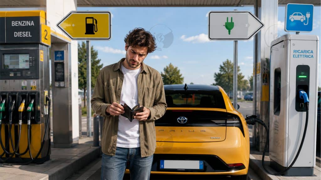 Persona confusa ad un distributore che non sa se ricaricare o fare il pieno | Elettronauti.it