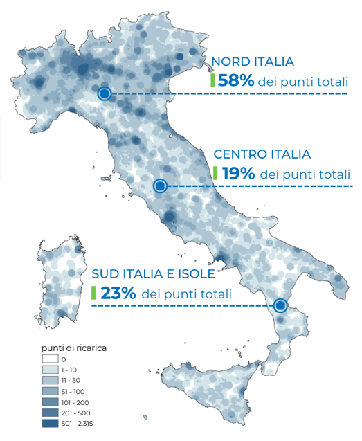 Numero punti di ricarica entro un raggio di 10km, fonte Motus-E | Elettronauti.it