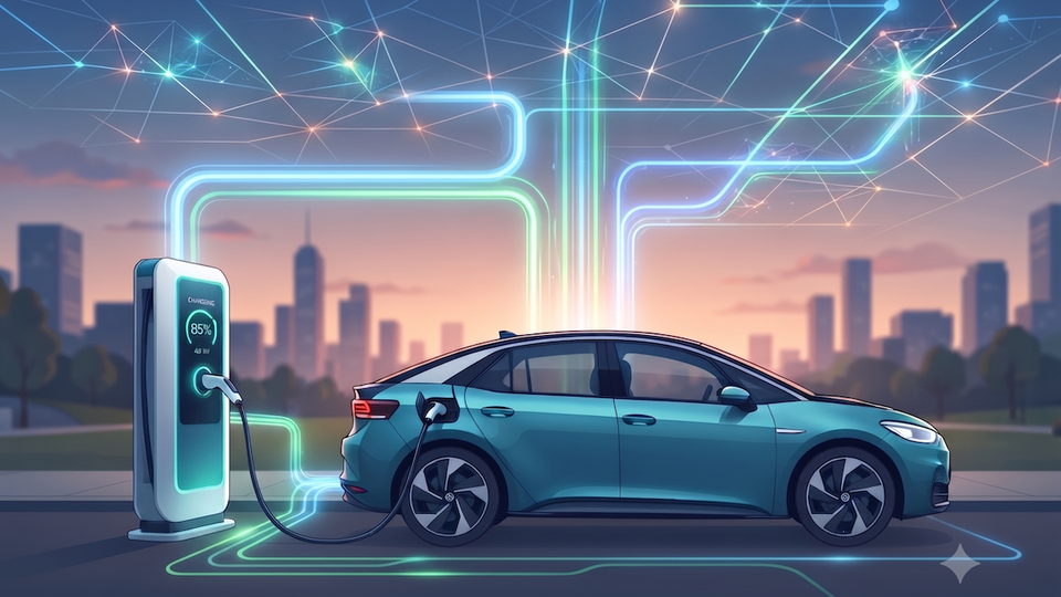 Blue electric car plugged into a charging station with neon circuit lines in a futuristic cityscape at sunset/light dusk.