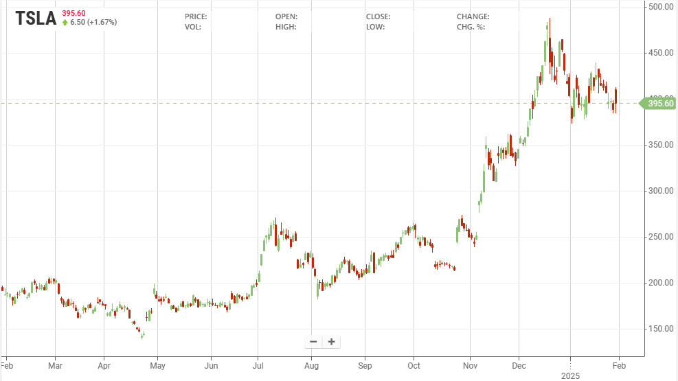 Il titolo Tesla negli ultimi 12 mesi (fonte: Stockanalysis) | Elettronauti.it