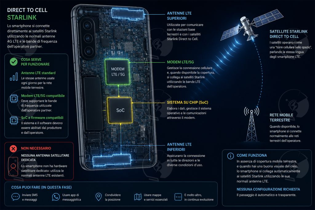 Smartphone ai "raggi X" che mostra i componenti principali per collegarsi ai satelliti Starlink | Elettronauti.it
