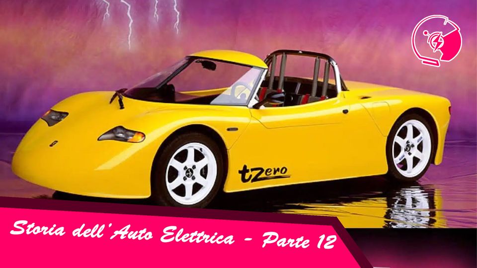 Yellow convertible sports car on a purple gradient background with a pink caption banner reading 'Storia dell' Auto Elettrica - Parte 12' (Italian text).