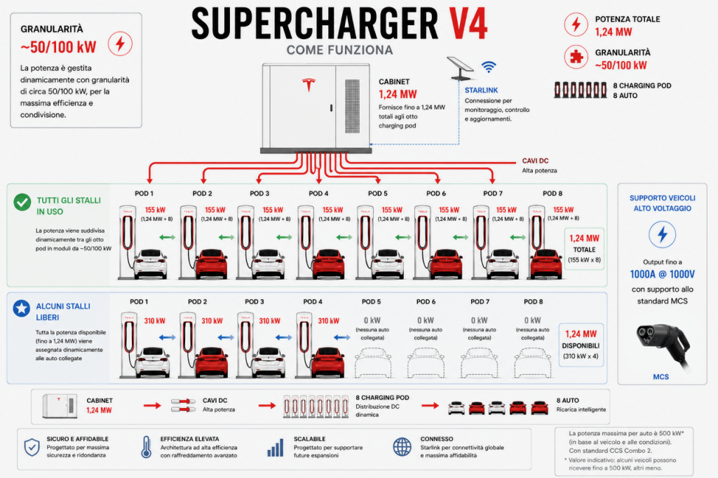 Infografica Tesla Supercharger V4: cabinet 1,24 MW, 8 pod di ricarica e auto in carica; potenze pod 155 kW (8x) e alcuni stalli fino a 310 kW; uscita 1000 V.