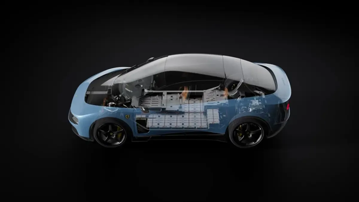 Elettronauti - Ferrari Luce 117kWh - Schema tecnico - Vista anteriore a tre quarti
